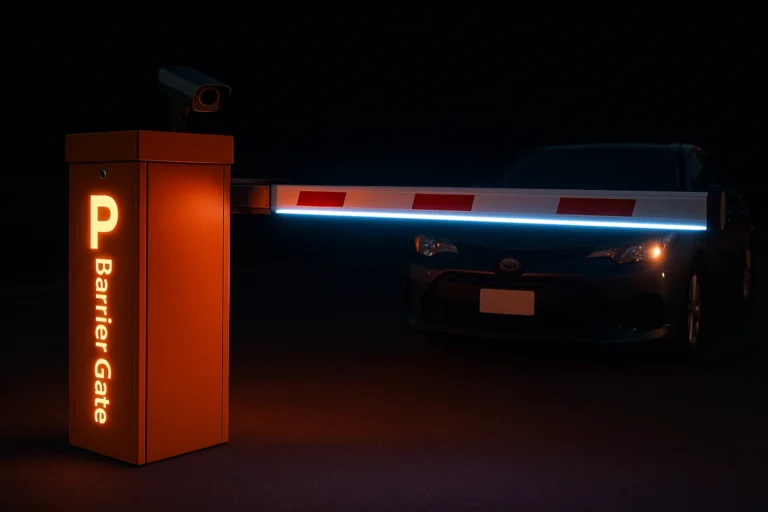 แขนกั้นมีไฟ LED สว่าง รถจอดรอ กล้อง LPR บนตู้เรืองแสง